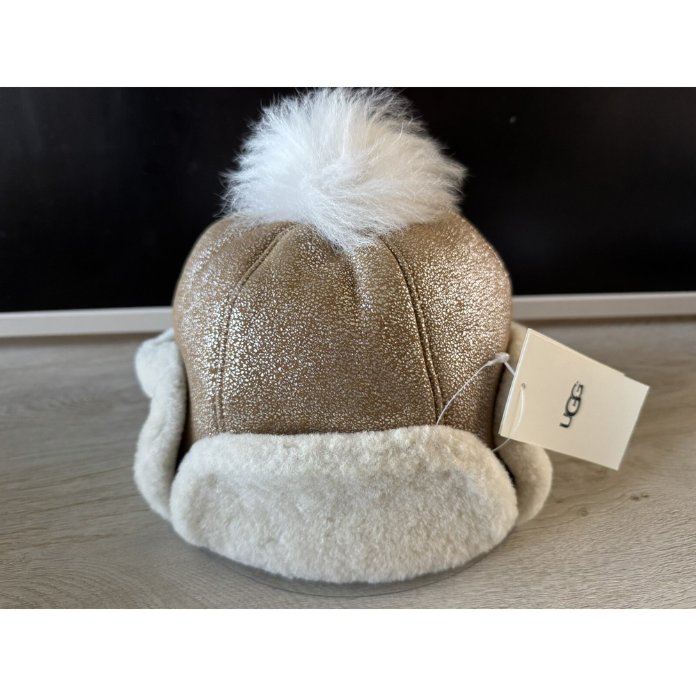 UGG Australia Girls Sheepskin Metallic Pom Pom Chestnut Trapper Hat 4 - 6 Y $145